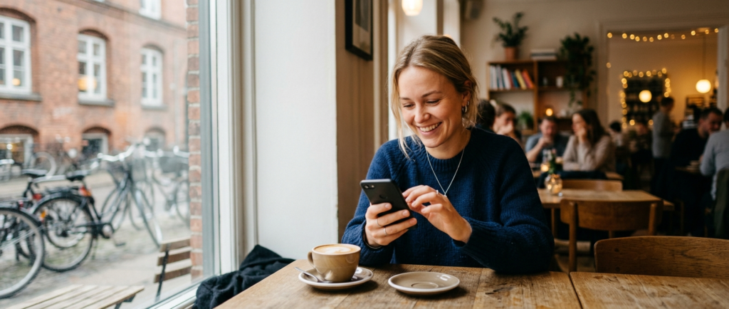 Kvinde skriver første besked på datingside på sin smartphone i en cafe